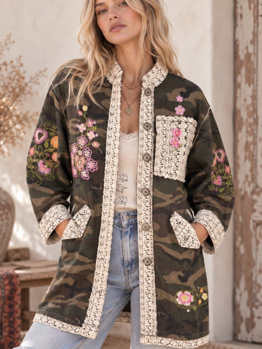 POL Camo Floral Embroidered Crochet Lace Jacket S